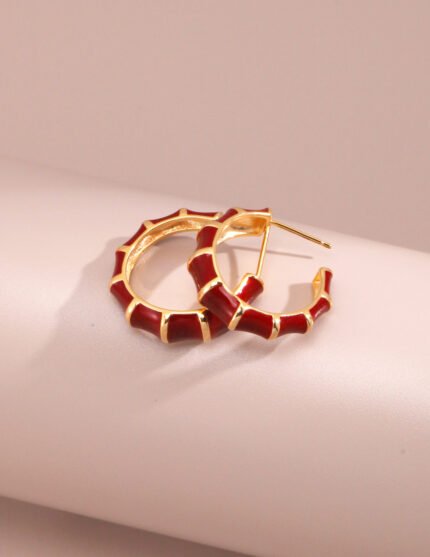 Red Bamboo Enamel Hoop Earrings