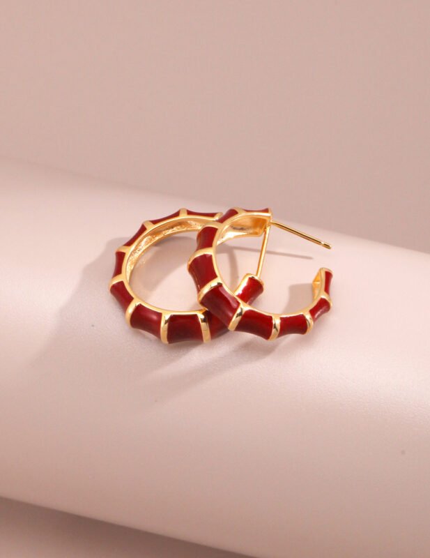 Red Bamboo Enamel Hoop Earrings